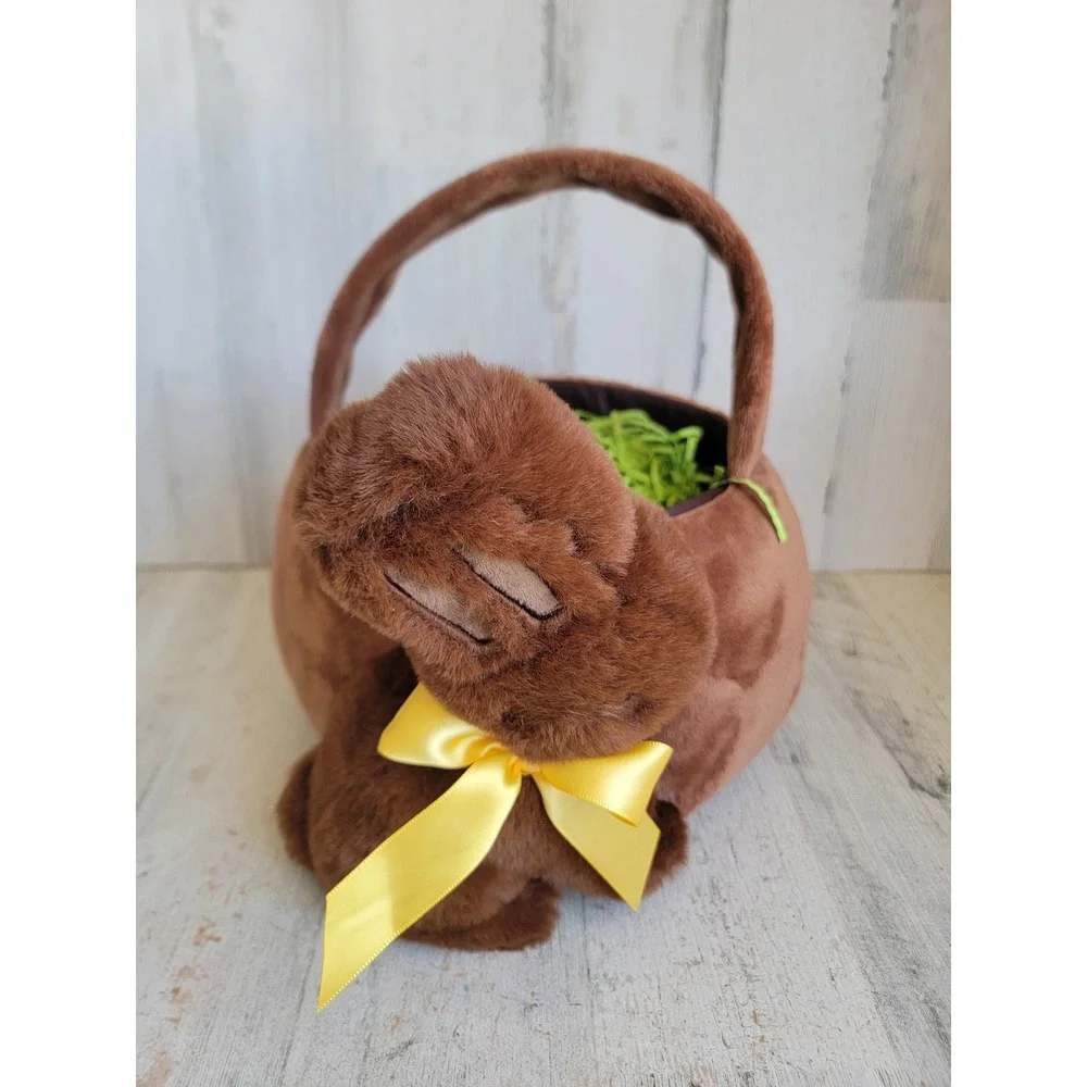 faux Chocolate Easter Bunny plush basket spring home decor rabbit bucket bow